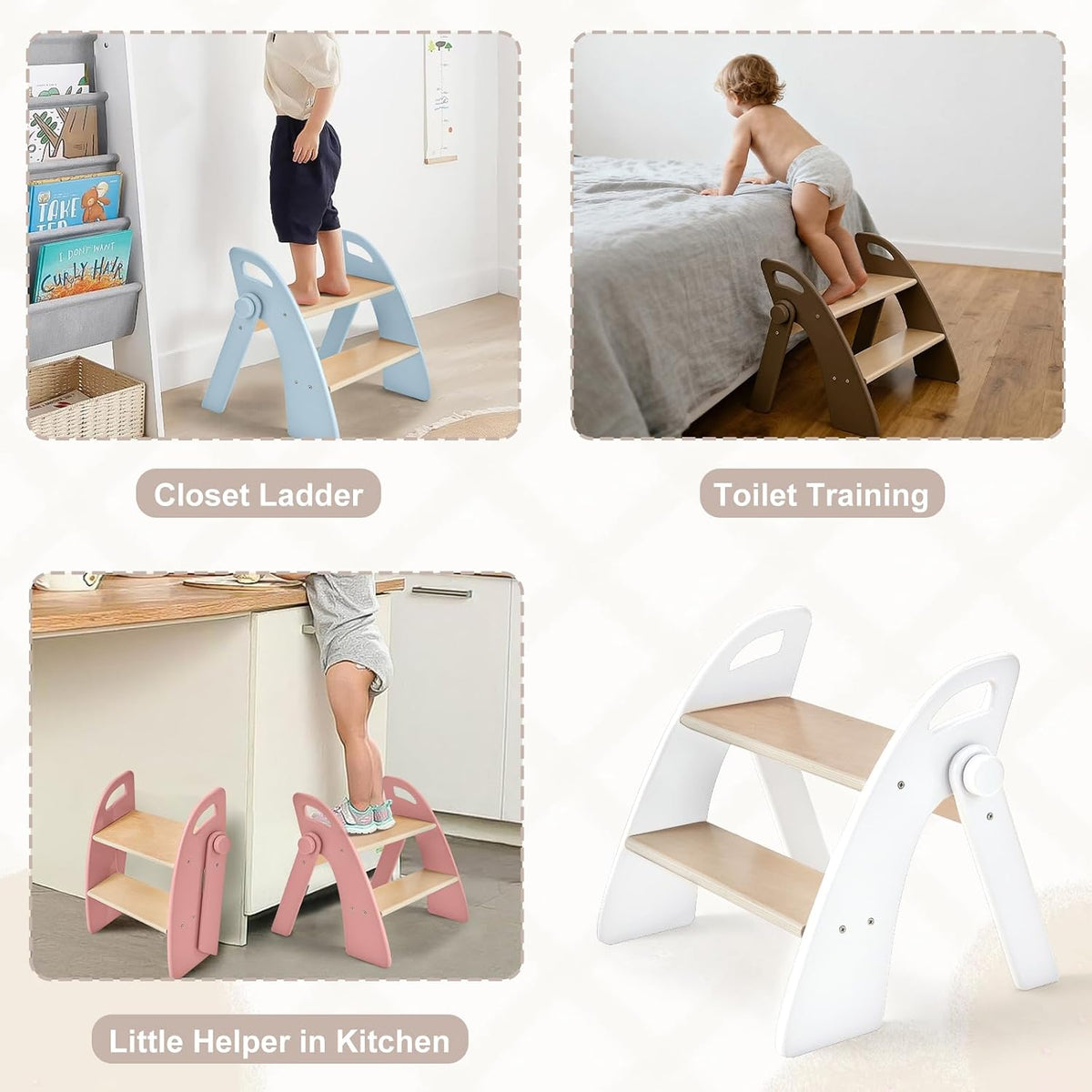 Wooden 2 Step Stool for Kids Bathroom Sink Foldable Anti-Slip 2-Step for Toilet Potty Training, Child Stepping Stool for Kitchen Nursery Bedroom, Sturdy Non Slip Adult Stool for Closet Pink