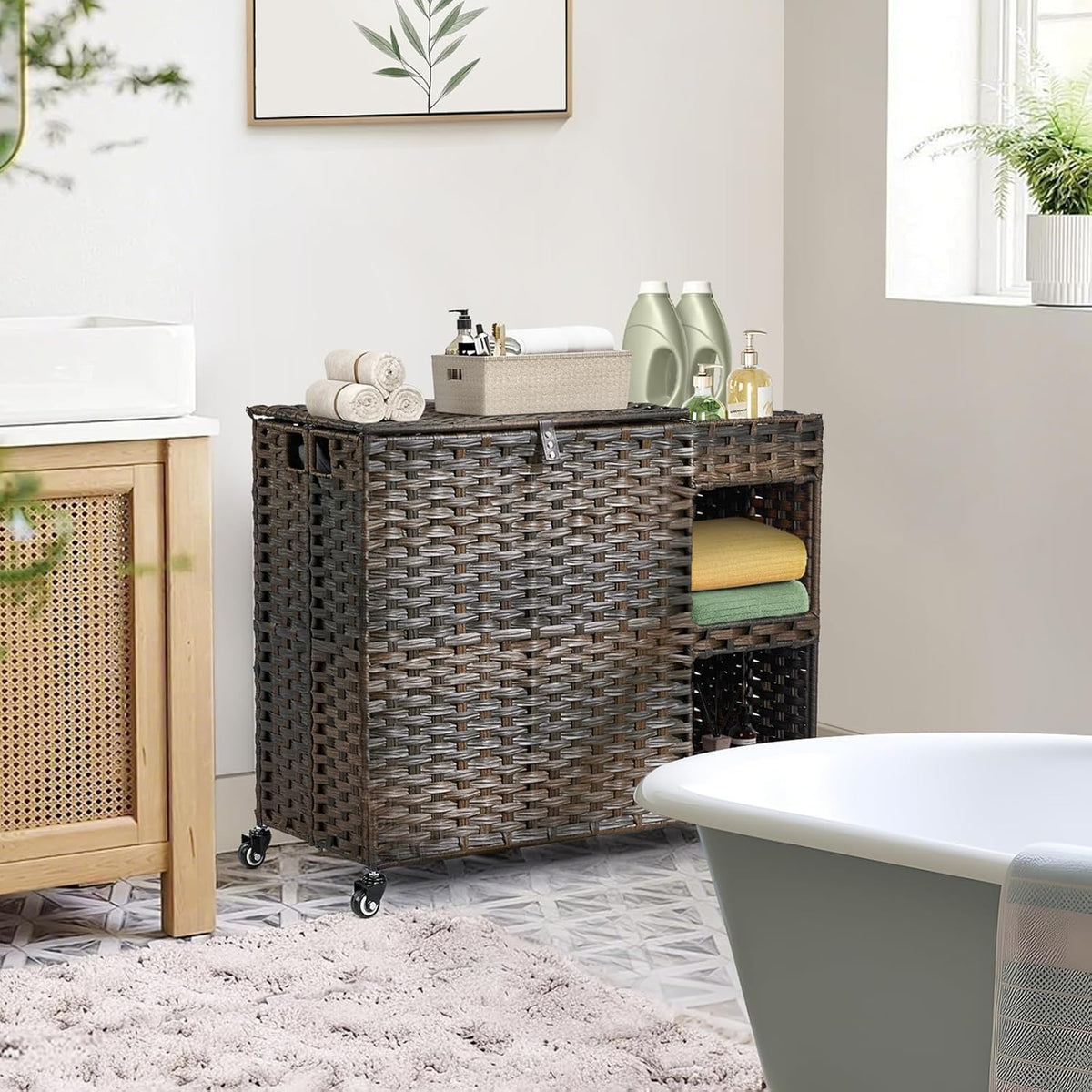 Laundry Hamper with Wheels, 42.3 Gal.(160 L) Laundry Sorter with Shelves, Rattan Clothes Hamper with 4 Removable Liners & 3 Mesh Bags, Handwoven Organizer for bedroom, bathroom, laundry room, Brown