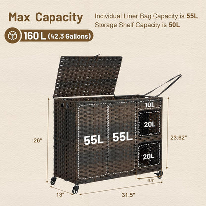 Laundry Hamper with Wheels, 42.3 Gal.(160 L) Laundry Sorter with Shelves, Rattan Clothes Hamper with 4 Removable Liners & 3 Mesh Bags, Handwoven Organizer for bedroom, bathroom, laundry room, Brown