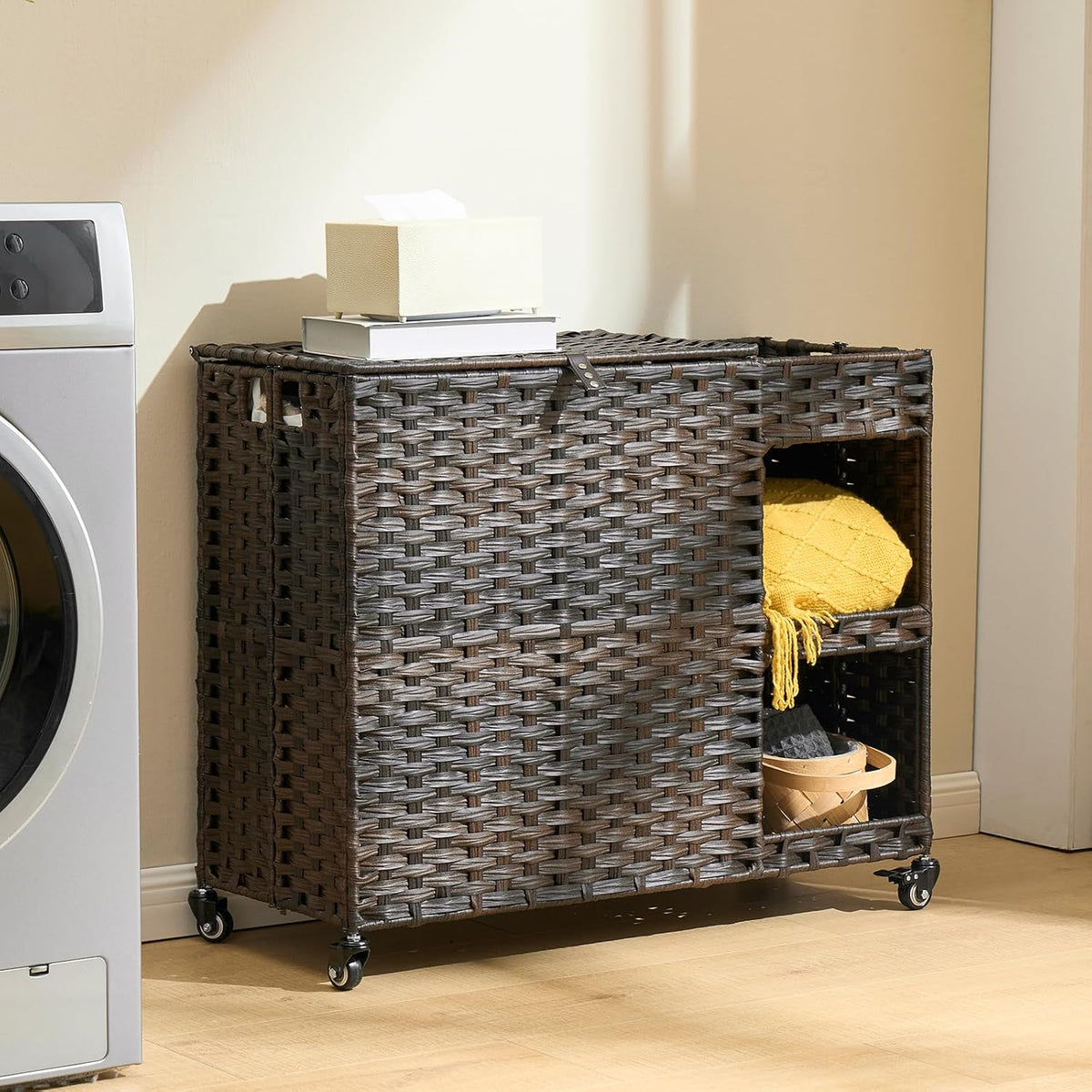 Laundry Hamper with Wheels, 42.3 Gal.(160 L) Laundry Sorter with Shelves, Rattan Clothes Hamper with 4 Removable Liners & 3 Mesh Bags, Handwoven Organizer for bedroom, bathroom, laundry room, Brown