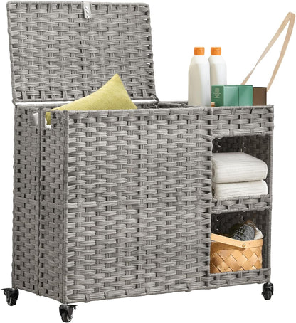 Laundry Hamper with Wheels, 42.3 Gal.(160 L) Laundry Sorter with Shelves, Rattan Clothes Hamper with 4 Removable Liners & 3 Mesh Bags, Handwoven Organizer for bedroom, bathroom, laundry room, Brown