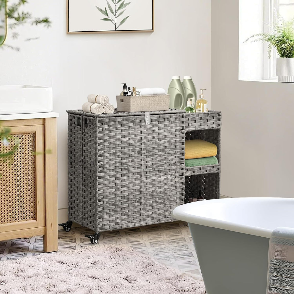 Laundry Hamper with Wheels, 42.3 Gal.(160 L) Laundry Sorter with Shelves, Rattan Clothes Hamper with 4 Removable Liners & 3 Mesh Bags, Handwoven Organizer for bedroom, bathroom, laundry room, Brown