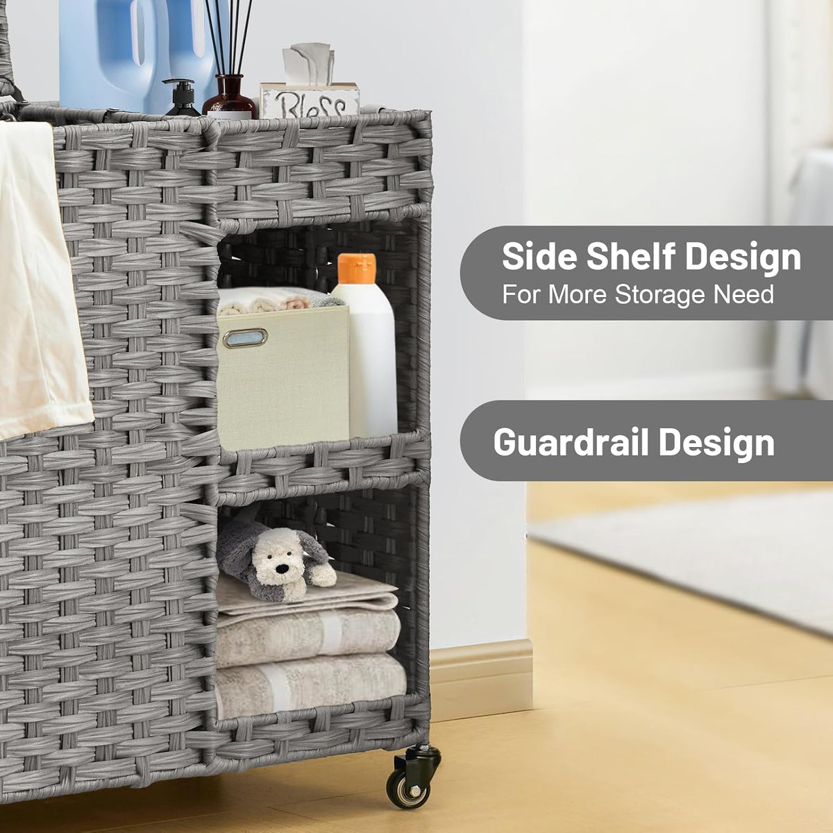 Laundry Hamper with Wheels, 42.3 Gal.(160 L) Laundry Sorter with Shelves, Rattan Clothes Hamper with 4 Removable Liners & 3 Mesh Bags, Handwoven Organizer for bedroom, bathroom, laundry room, Brown