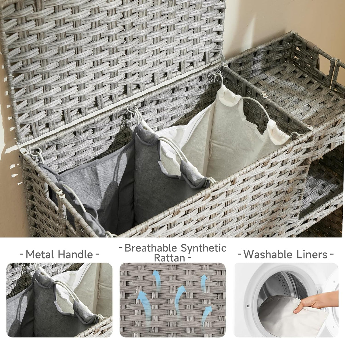 Laundry Hamper with Wheels, 42.3 Gal.(160 L) Laundry Sorter with Shelves, Rattan Clothes Hamper with 4 Removable Liners & 3 Mesh Bags, Handwoven Organizer for bedroom, bathroom, laundry room, Brown