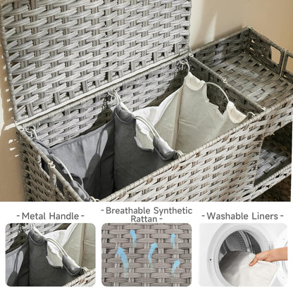 Laundry Hamper with Wheels, 42.3 Gal.(160 L) Laundry Sorter with Shelves, Rattan Clothes Hamper with 4 Removable Liners & 3 Mesh Bags, Handwoven Organizer for bedroom, bathroom, laundry room, Brown