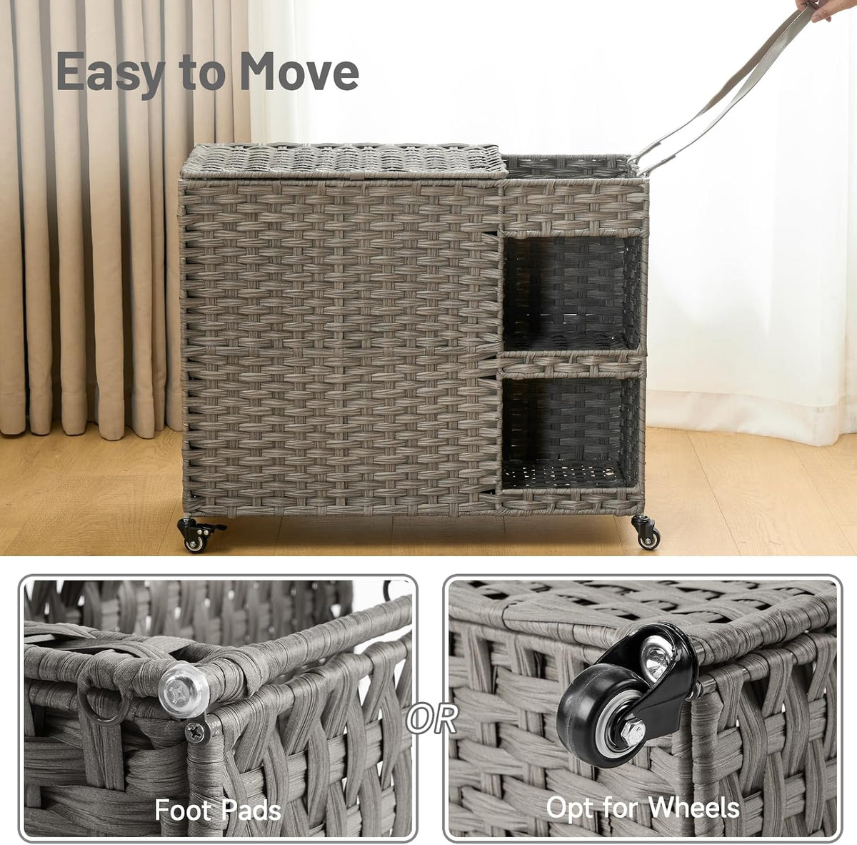 Laundry Hamper with Wheels, 42.3 Gal.(160 L) Laundry Sorter with Shelves, Rattan Clothes Hamper with 4 Removable Liners & 3 Mesh Bags, Handwoven Organizer for bedroom, bathroom, laundry room, Brown