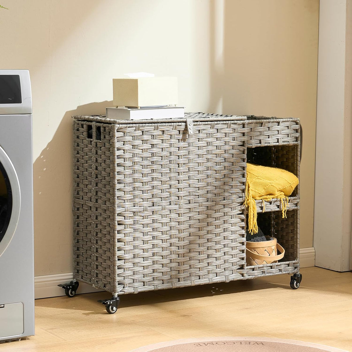 Laundry Hamper with Wheels, 42.3 Gal.(160 L) Laundry Sorter with Shelves, Rattan Clothes Hamper with 4 Removable Liners & 3 Mesh Bags, Handwoven Organizer for bedroom, bathroom, laundry room, Brown