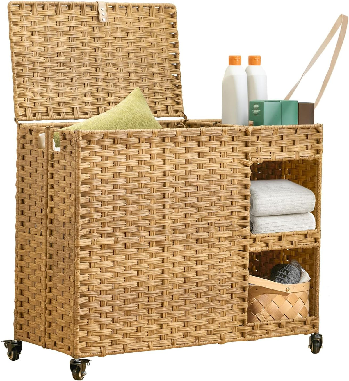 Laundry Hamper with Wheels, 42.3 Gal.(160 L) Laundry Sorter with Shelves, Rattan Clothes Hamper with 4 Removable Liners & 3 Mesh Bags, Handwoven Organizer for bedroom, bathroom, laundry room, Brown