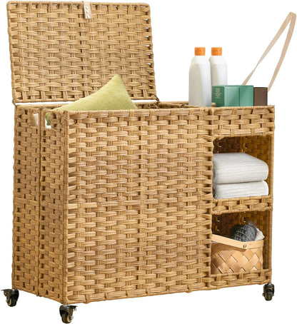 Laundry Hamper with Wheels, 42.3 Gal.(160 L) Laundry Sorter with Shelves, Rattan Clothes Hamper with 4 Removable Liners & 3 Mesh Bags, Handwoven Organizer for bedroom, bathroom, laundry room, Brown
