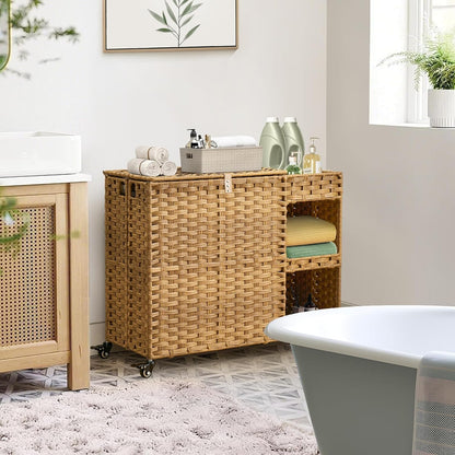 Laundry Hamper with Wheels, 42.3 Gal.(160 L) Laundry Sorter with Shelves, Rattan Clothes Hamper with 4 Removable Liners & 3 Mesh Bags, Handwoven Organizer for bedroom, bathroom, laundry room, Brown