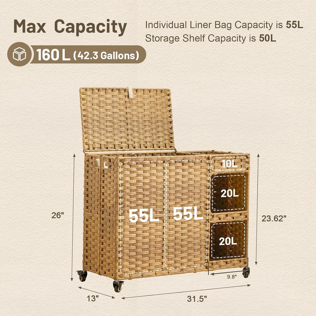 Laundry Hamper with Wheels, 42.3 Gal.(160 L) Laundry Sorter with Shelves, Rattan Clothes Hamper with 4 Removable Liners & 3 Mesh Bags, Handwoven Organizer for bedroom, bathroom, laundry room, Brown