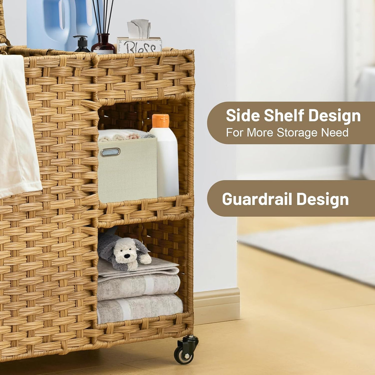 Laundry Hamper with Wheels, 42.3 Gal.(160 L) Laundry Sorter with Shelves, Rattan Clothes Hamper with 4 Removable Liners & 3 Mesh Bags, Handwoven Organizer for bedroom, bathroom, laundry room, Brown