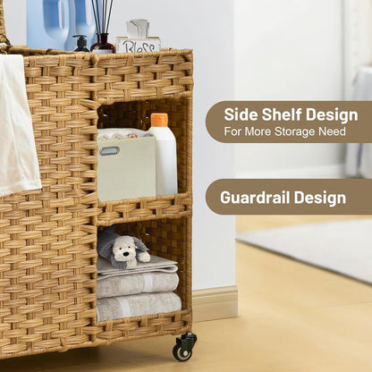 Laundry Hamper with Wheels, 42.3 Gal.(160 L) Laundry Sorter with Shelves, Rattan Clothes Hamper with 4 Removable Liners & 3 Mesh Bags, Handwoven Organizer for bedroom, bathroom, laundry room, Brown