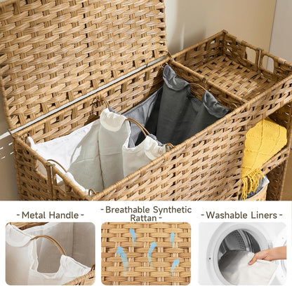 Laundry Hamper with Wheels, 42.3 Gal.(160 L) Laundry Sorter with Shelves, Rattan Clothes Hamper with 4 Removable Liners & 3 Mesh Bags, Handwoven Organizer for bedroom, bathroom, laundry room, Brown