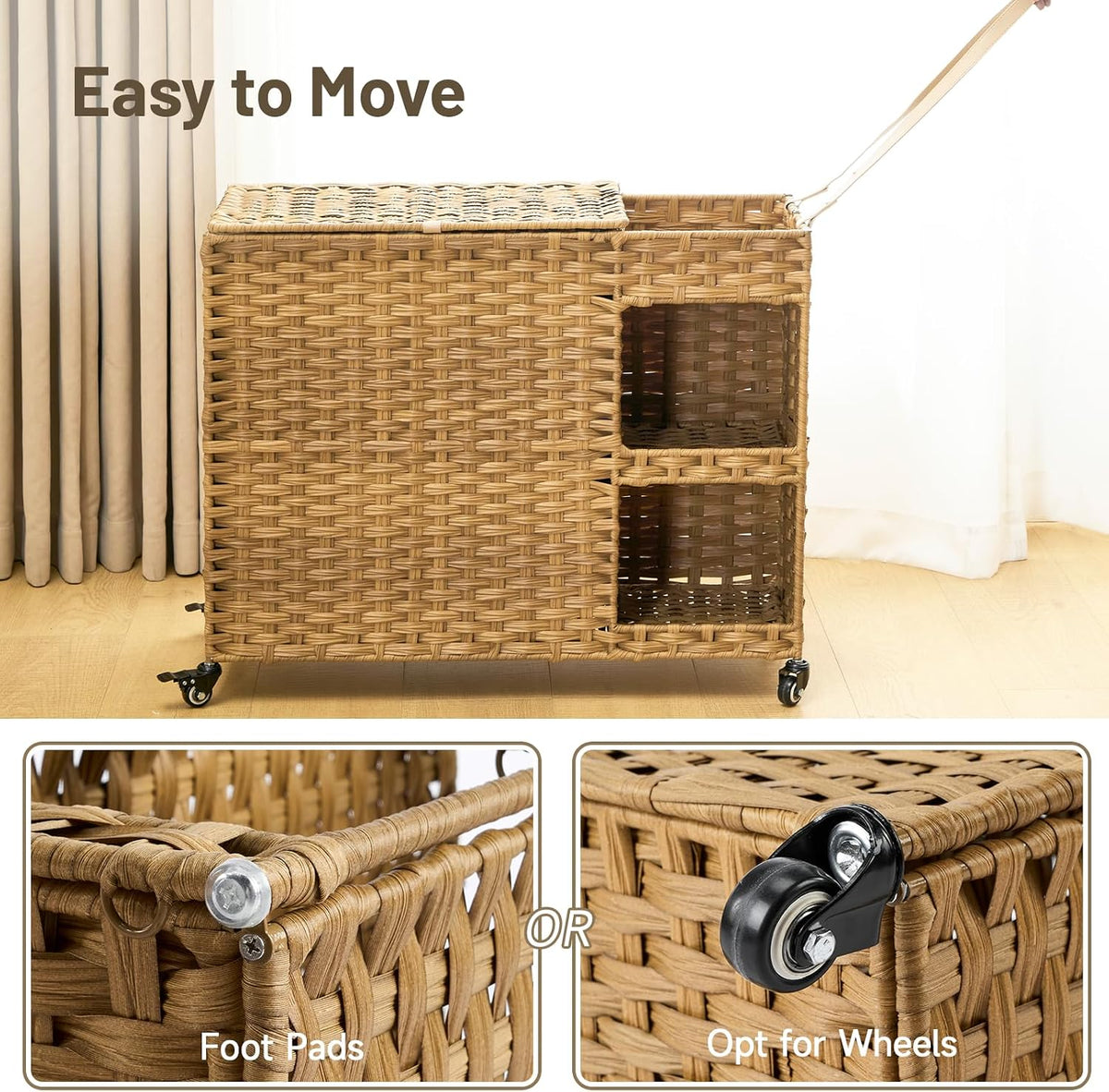 Laundry Hamper with Wheels, 42.3 Gal.(160 L) Laundry Sorter with Shelves, Rattan Clothes Hamper with 4 Removable Liners & 3 Mesh Bags, Handwoven Organizer for bedroom, bathroom, laundry room, Brown