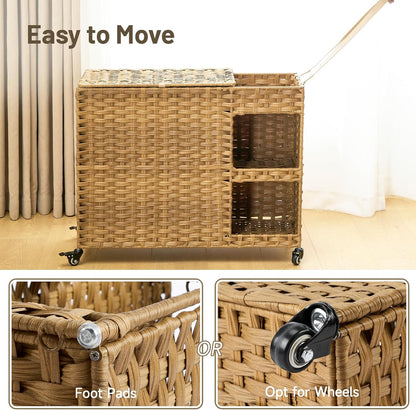 Laundry Hamper with Wheels, 42.3 Gal.(160 L) Laundry Sorter with Shelves, Rattan Clothes Hamper with 4 Removable Liners & 3 Mesh Bags, Handwoven Organizer for bedroom, bathroom, laundry room, Brown