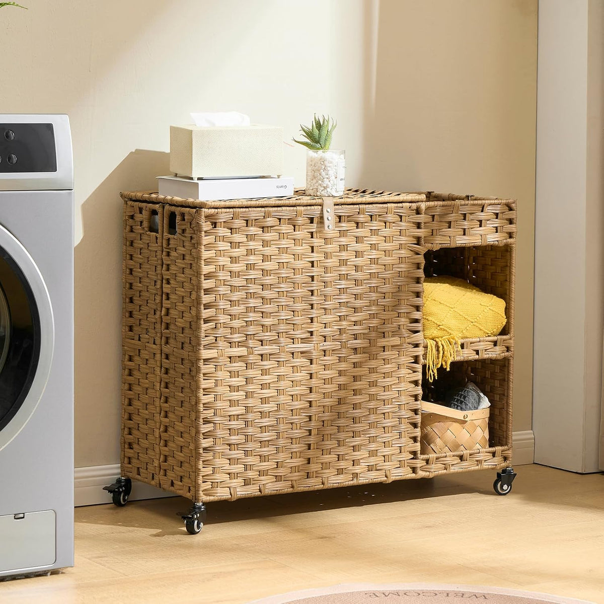 Laundry Hamper with Wheels, 42.3 Gal.(160 L) Laundry Sorter with Shelves, Rattan Clothes Hamper with 4 Removable Liners & 3 Mesh Bags, Handwoven Organizer for bedroom, bathroom, laundry room, Brown