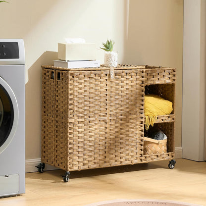 Laundry Hamper with Wheels, 42.3 Gal.(160 L) Laundry Sorter with Shelves, Rattan Clothes Hamper with 4 Removable Liners & 3 Mesh Bags, Handwoven Organizer for bedroom, bathroom, laundry room, Brown
