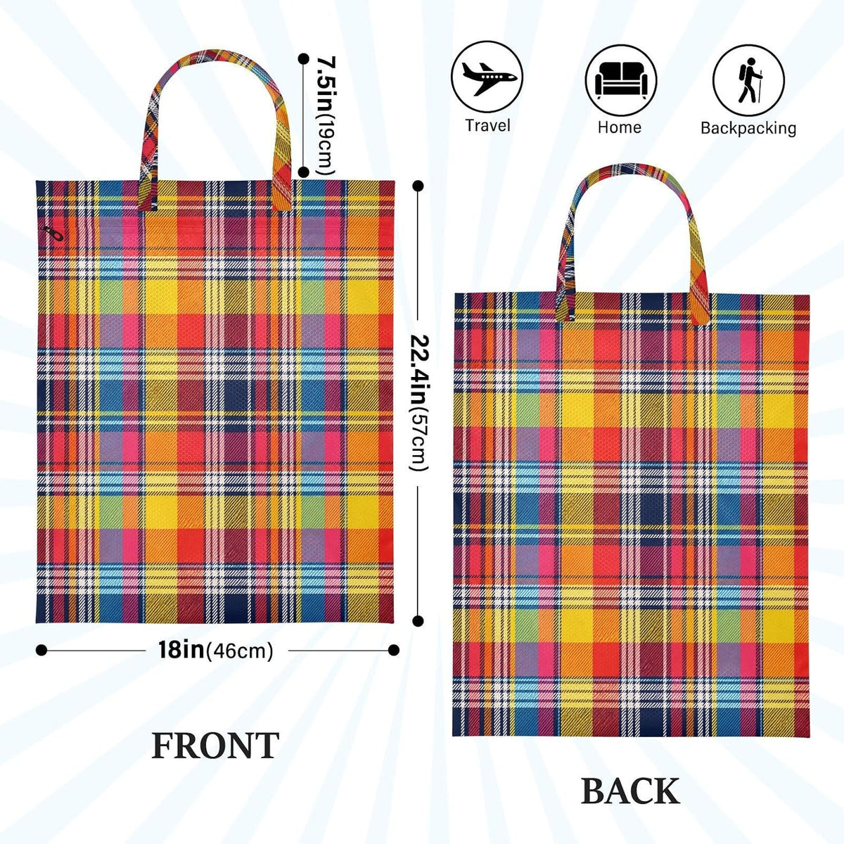 Rainbow Plaid Waterproof Travel Laundry Bag Reusable Set of 2