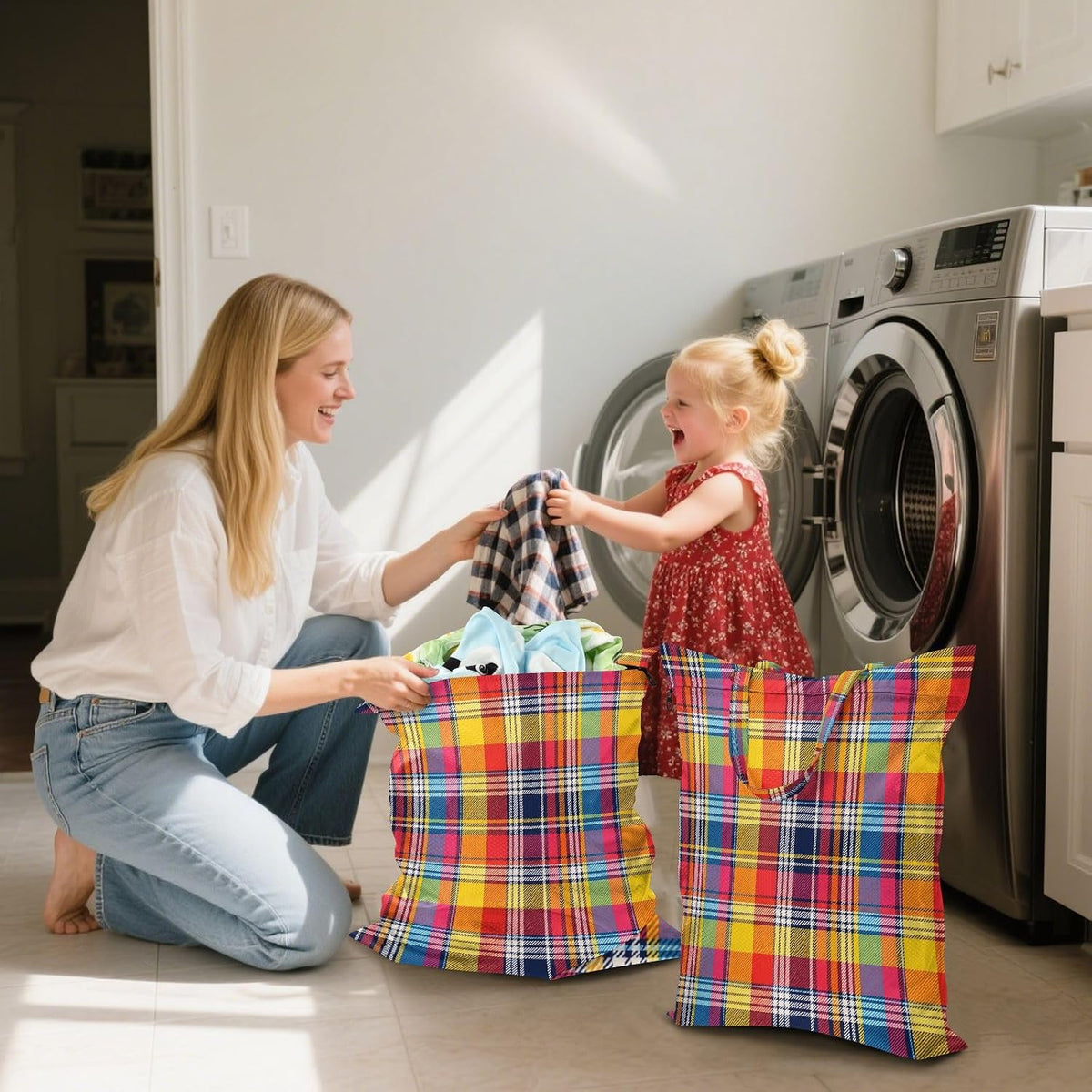 Rainbow Plaid Waterproof Travel Laundry Bag Reusable Set of 2