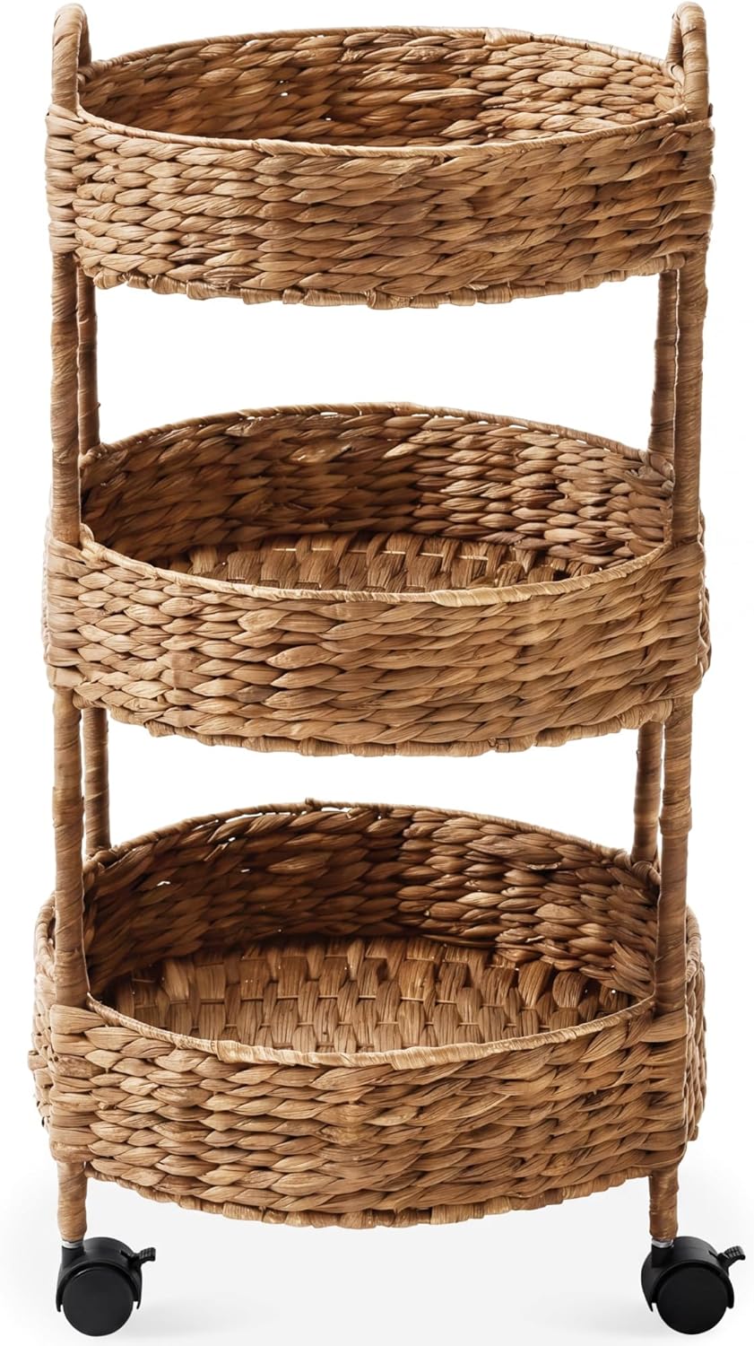 3-Tier Round Rolling Nursery Caddy w/Wheels, Handwoven Utility Cart, Storage Organization for Bathroom, Craft Room, Laundry Room - Natural