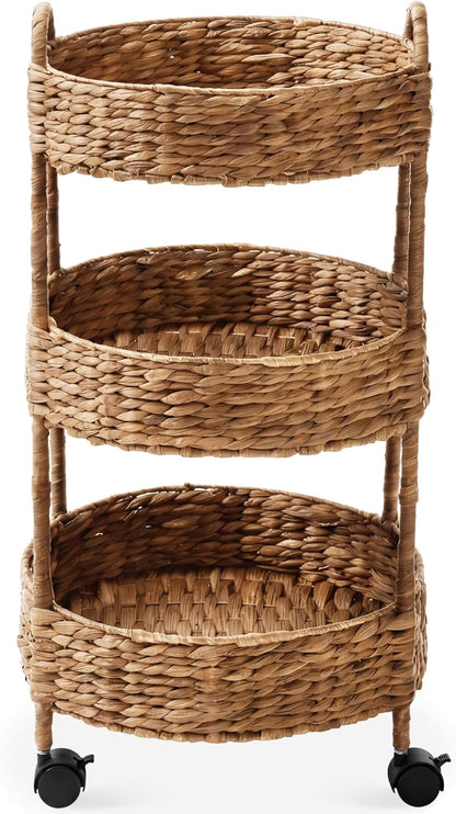 3-Tier Round Rolling Nursery Caddy w/Wheels, Handwoven Utility Cart, Storage Organization for Bathroom, Craft Room, Laundry Room - Natural