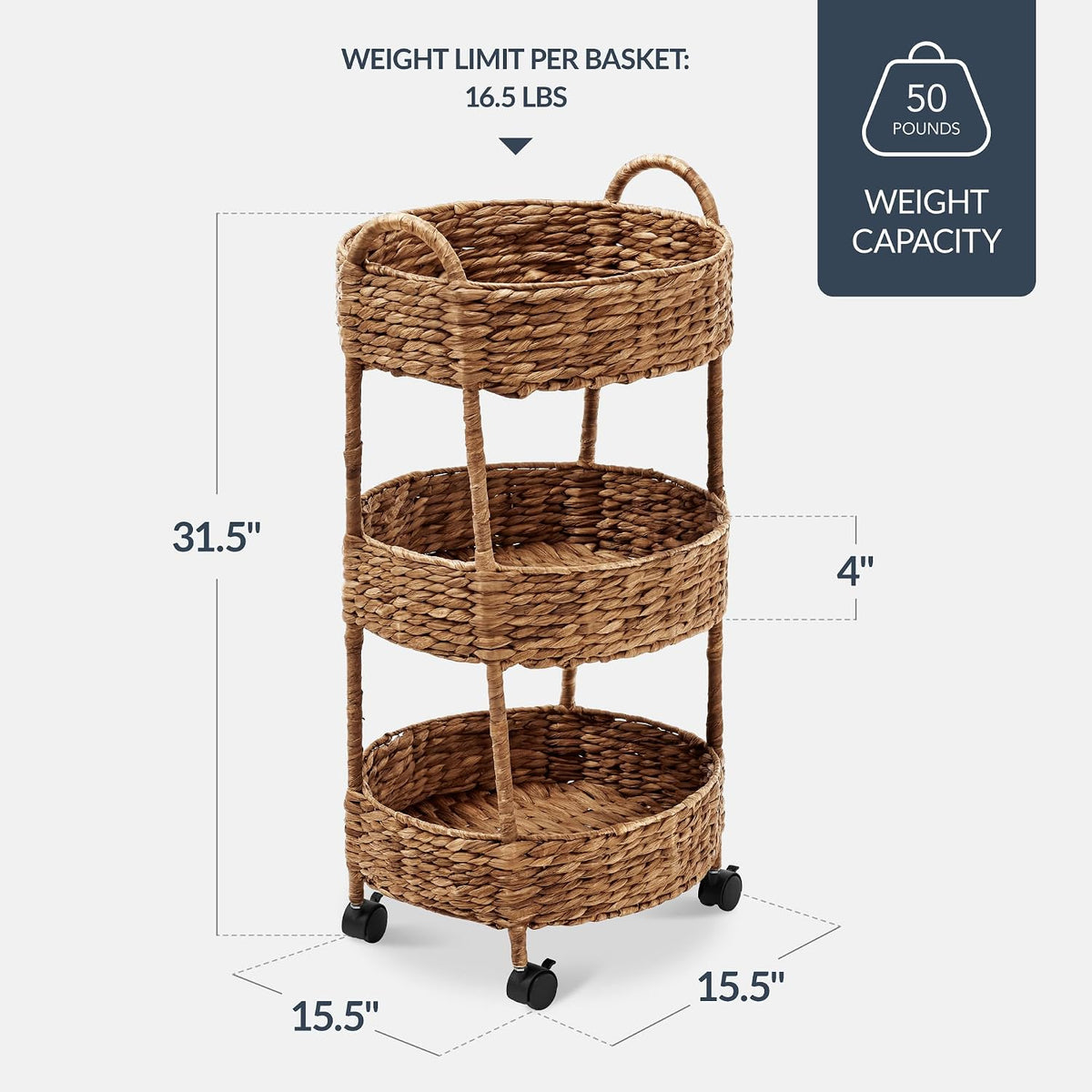 3-Tier Round Rolling Nursery Caddy w/Wheels, Handwoven Utility Cart, Storage Organization for Bathroom, Craft Room, Laundry Room - Natural