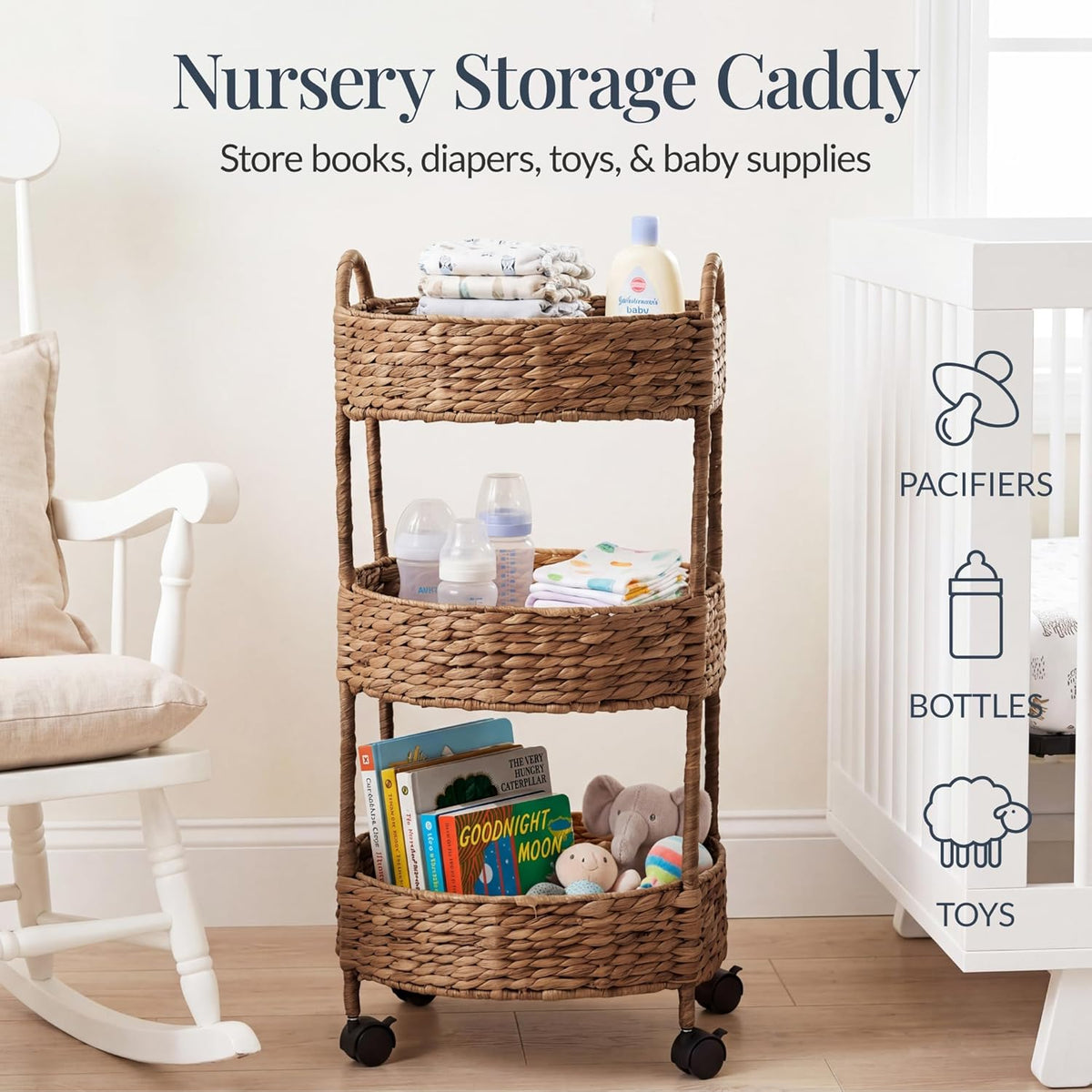 3-Tier Round Rolling Nursery Caddy w/Wheels, Handwoven Utility Cart, Storage Organization for Bathroom, Craft Room, Laundry Room - Natural