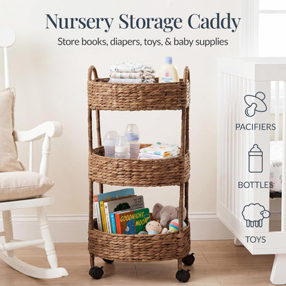 3-Tier Round Rolling Nursery Caddy w/Wheels, Handwoven Utility Cart, Storage Organization for Bathroom, Craft Room, Laundry Room - Natural