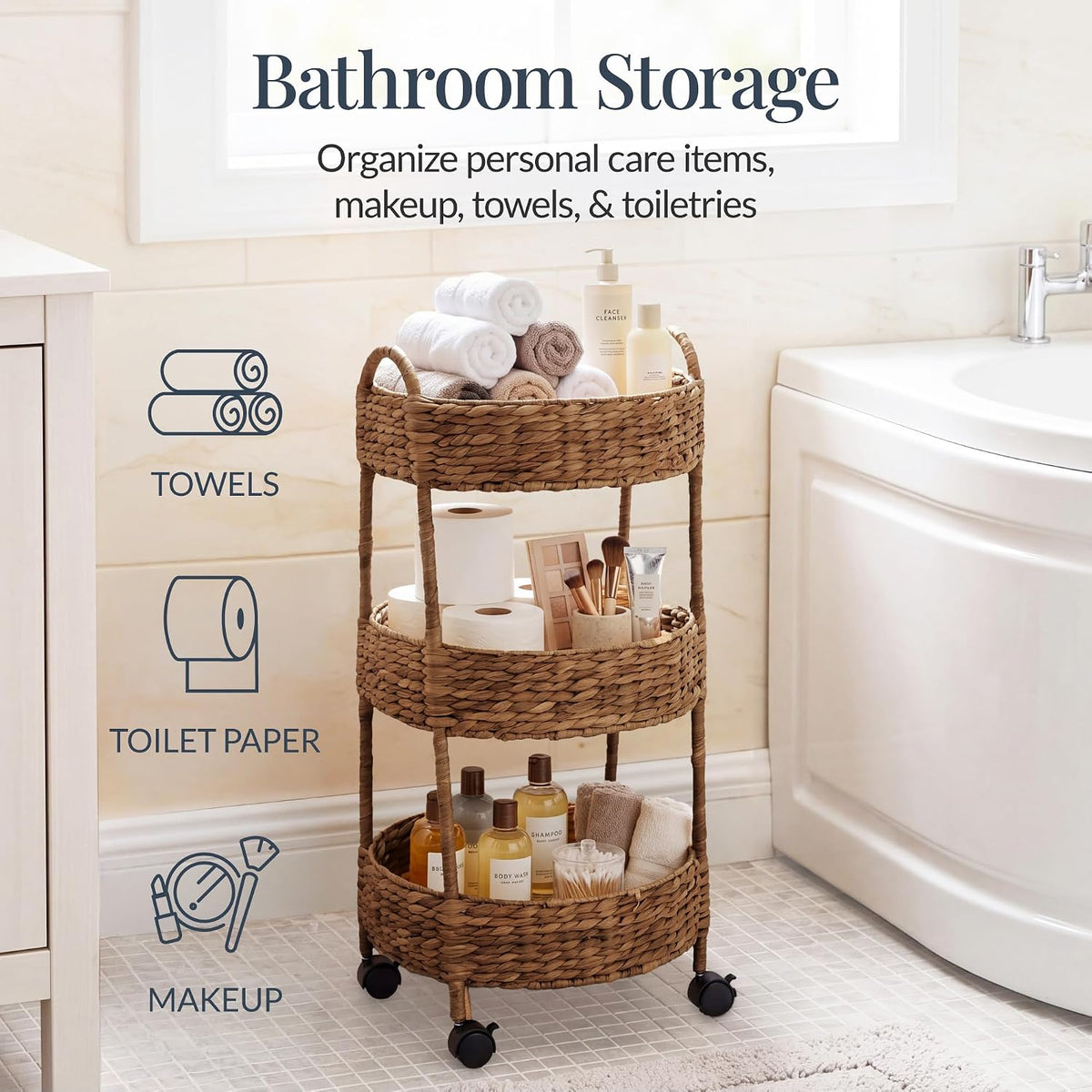 3-Tier Round Rolling Nursery Caddy w/Wheels, Handwoven Utility Cart, Storage Organization for Bathroom, Craft Room, Laundry Room - Natural