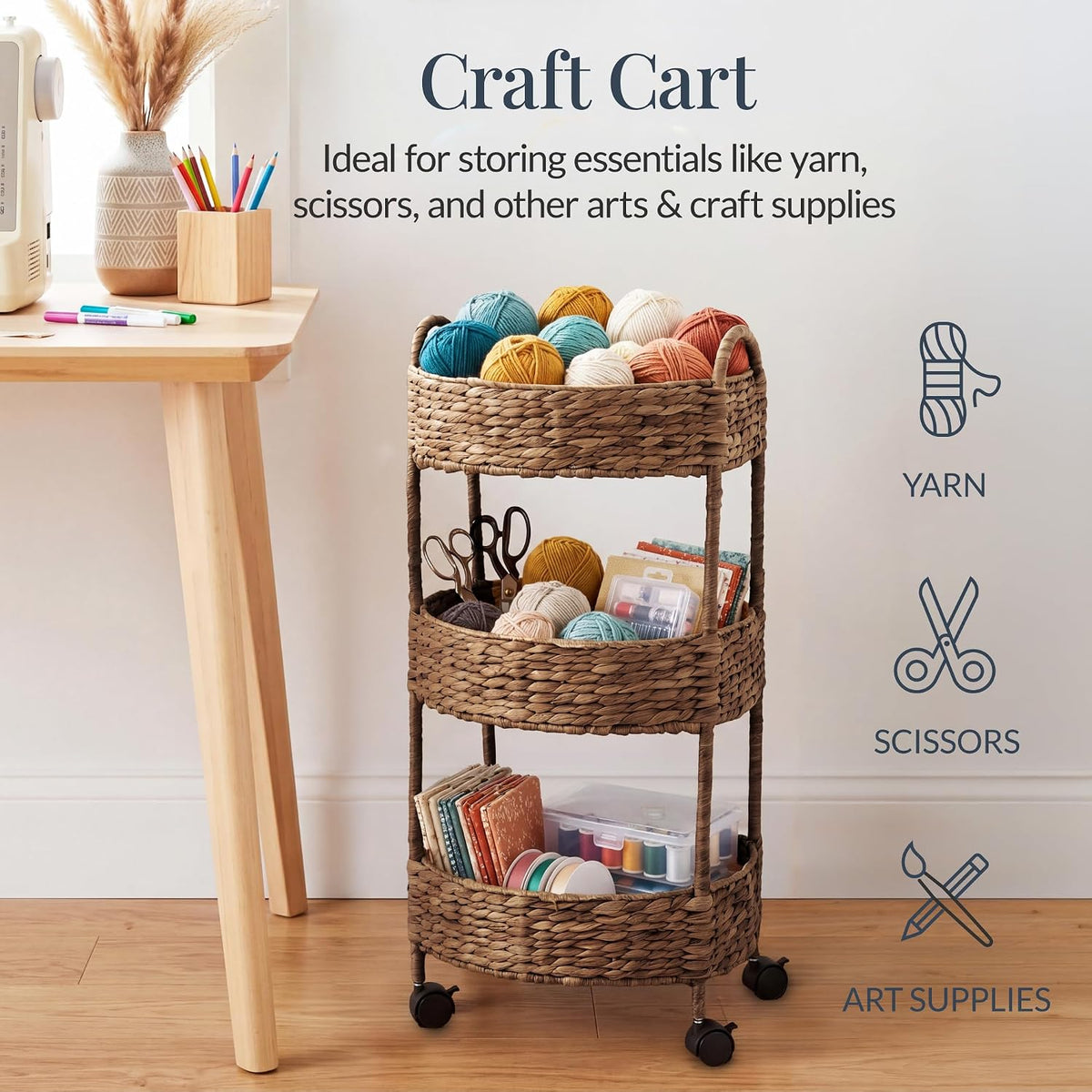 3-Tier Round Rolling Nursery Caddy w/Wheels, Handwoven Utility Cart, Storage Organization for Bathroom, Craft Room, Laundry Room - Natural