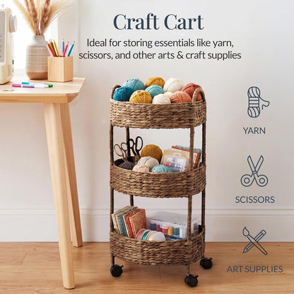 3-Tier Round Rolling Nursery Caddy w/Wheels, Handwoven Utility Cart, Storage Organization for Bathroom, Craft Room, Laundry Room - Natural
