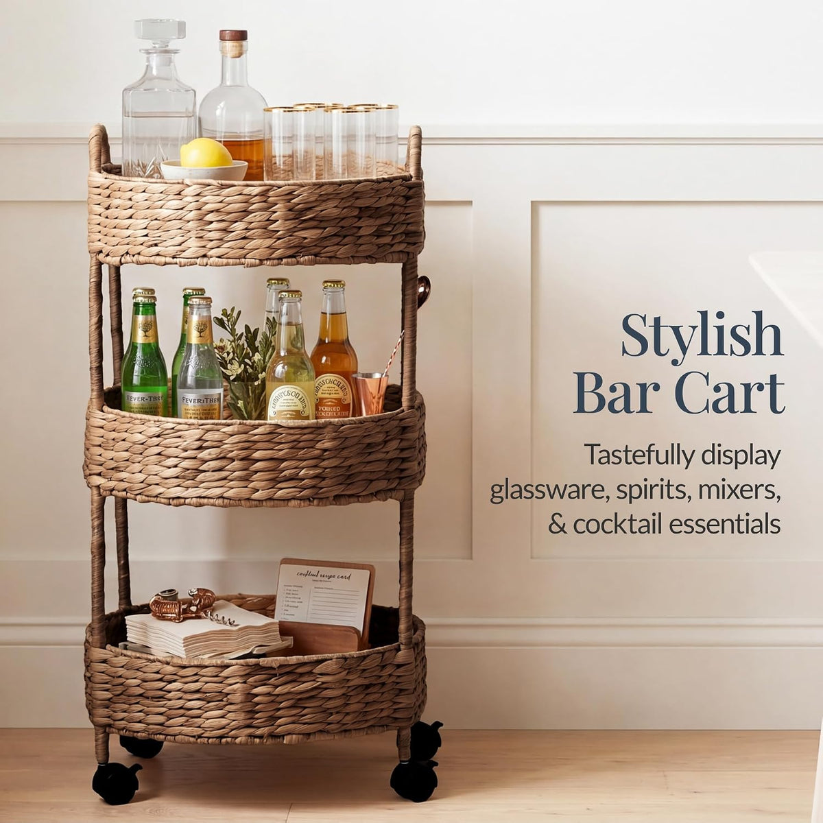 3-Tier Round Rolling Nursery Caddy w/Wheels, Handwoven Utility Cart, Storage Organization for Bathroom, Craft Room, Laundry Room - Natural