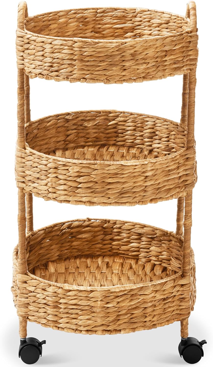 3-Tier Round Rolling Nursery Caddy w/Wheels, Handwoven Utility Cart, Storage Organization for Bathroom, Craft Room, Laundry Room - Natural