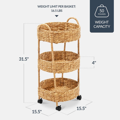 3-Tier Round Rolling Nursery Caddy w/Wheels, Handwoven Utility Cart, Storage Organization for Bathroom, Craft Room, Laundry Room - Natural