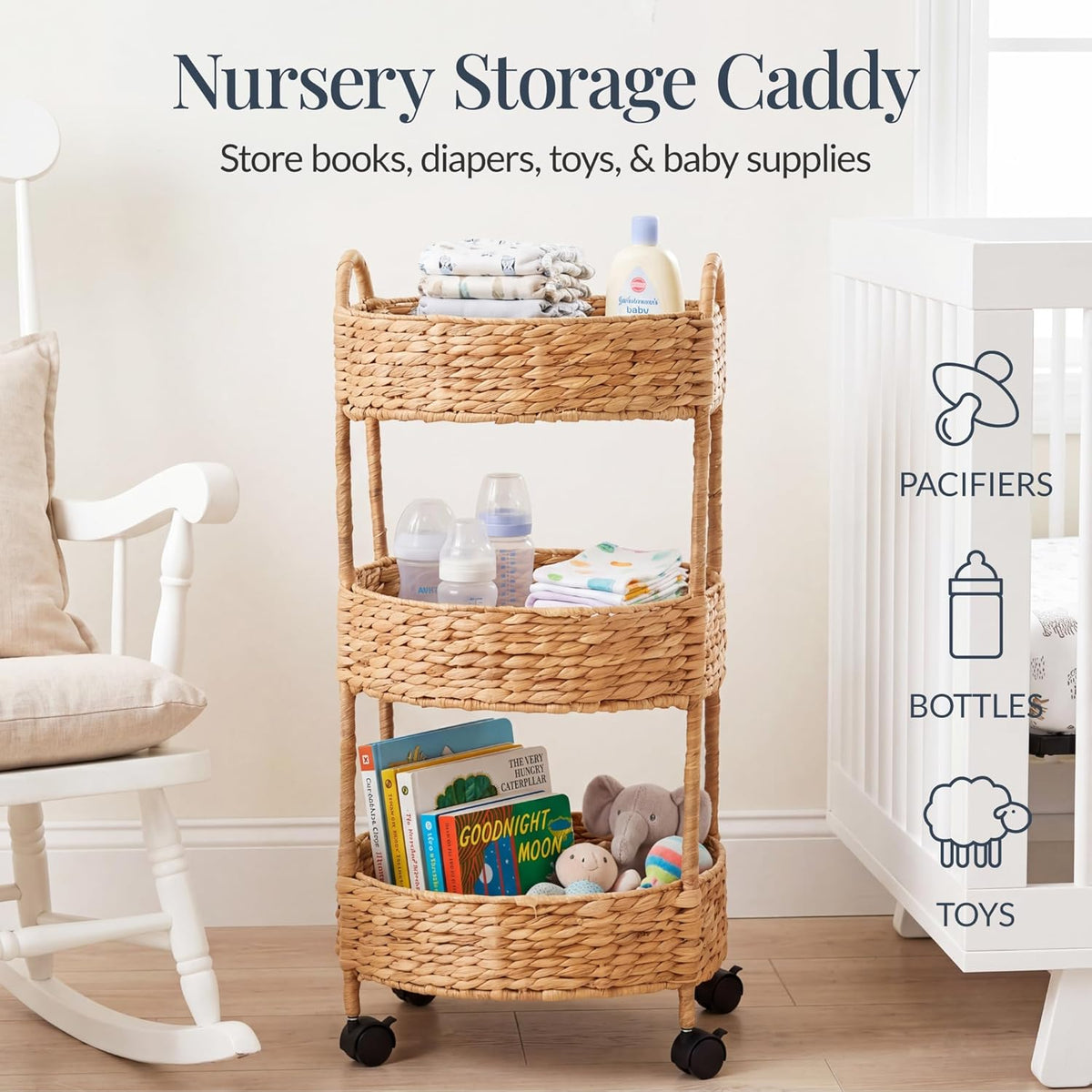 3-Tier Round Rolling Nursery Caddy w/Wheels, Handwoven Utility Cart, Storage Organization for Bathroom, Craft Room, Laundry Room - Natural