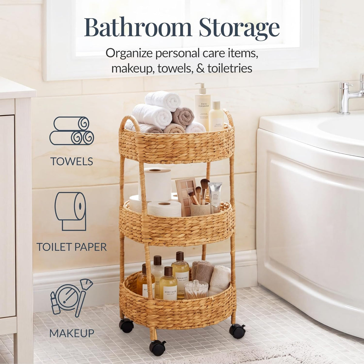 3-Tier Round Rolling Nursery Caddy w/Wheels, Handwoven Utility Cart, Storage Organization for Bathroom, Craft Room, Laundry Room - Natural