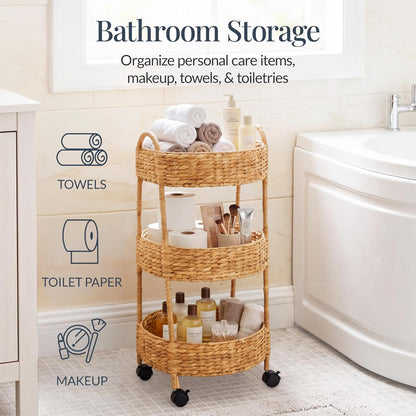 3-Tier Round Rolling Nursery Caddy w/Wheels, Handwoven Utility Cart, Storage Organization for Bathroom, Craft Room, Laundry Room - Natural