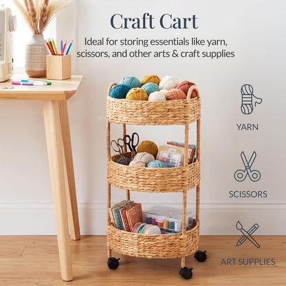 3-Tier Round Rolling Nursery Caddy w/Wheels, Handwoven Utility Cart, Storage Organization for Bathroom, Craft Room, Laundry Room - Natural
