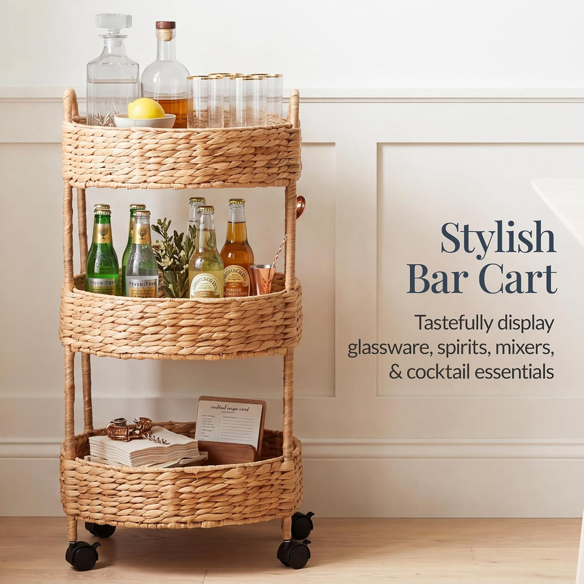 3-Tier Round Rolling Nursery Caddy w/Wheels, Handwoven Utility Cart, Storage Organization for Bathroom, Craft Room, Laundry Room - Natural
