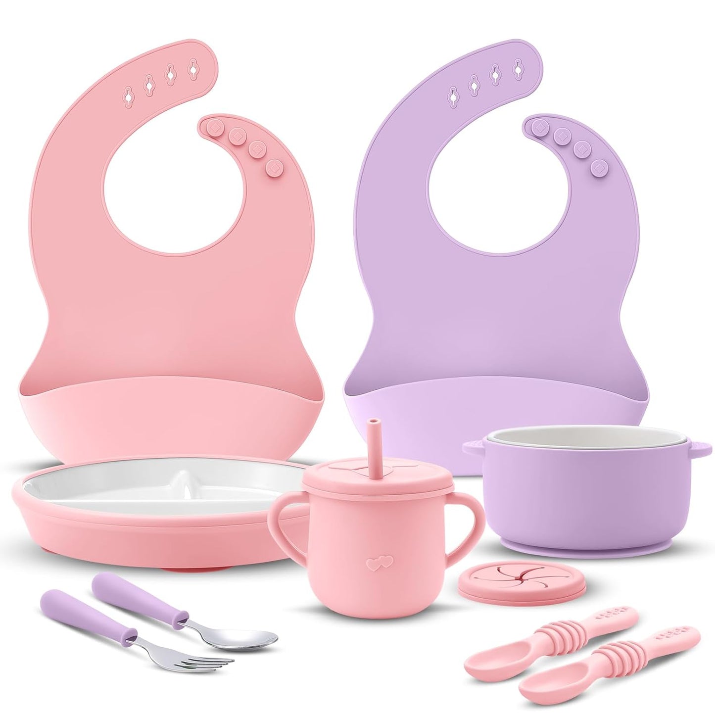 Teenyyou 9 Pcs Porcelain Kids Plates and Bowls Feeding Set with Suction, Ceramic Baby Toddler Divided Plates Silicone Sleeve Bowls Forks Spoons Cup Bib Microwave Dishwasher Safe(Pastels)