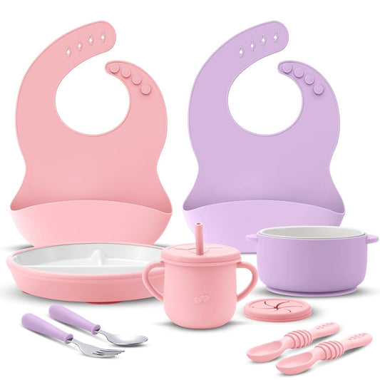Teenyyou 9 Pcs Porcelain Kids Plates and Bowls Feeding Set with Suction, Ceramic Baby Toddler Divided Plates Silicone Sleeve Bowls Forks Spoons Cup Bib Microwave Dishwasher Safe(Pastels)