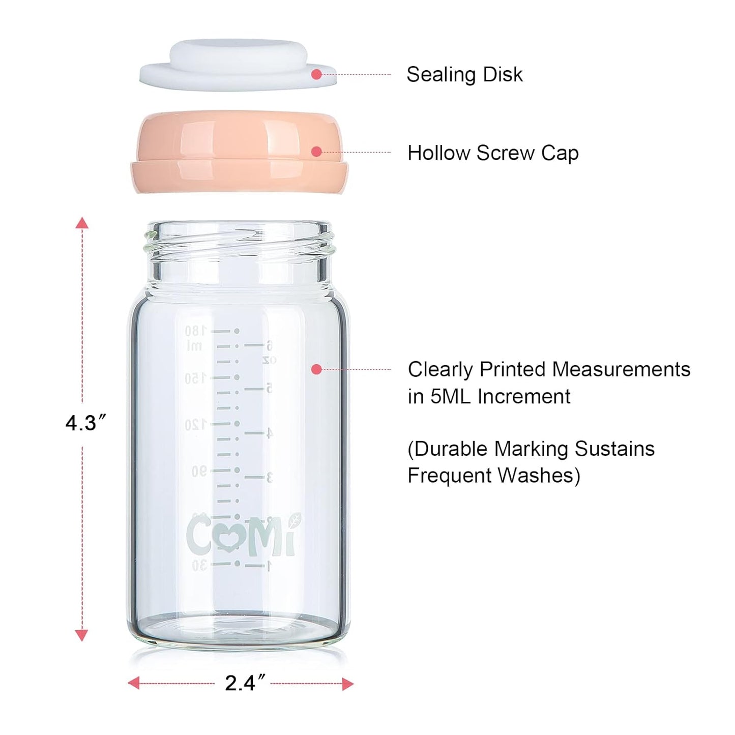 COMI Wide Neck Glass Breastmilk Collection n Storage Bottle, 4 Packs,10oz with Screw Ring Sealing Disk,Re-markable Sealing Disc,BPA Free,Fits Breast Pumps&Nipples(4 Green Lids)
