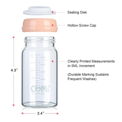 COMI Wide Neck Glass Breastmilk Collection n Storage Bottle, 4 Packs,10oz with Screw Ring Sealing Disk,Re-markable Sealing Disc,BPA Free,Fits Breast Pumps&Nipples(4 Green Lids)