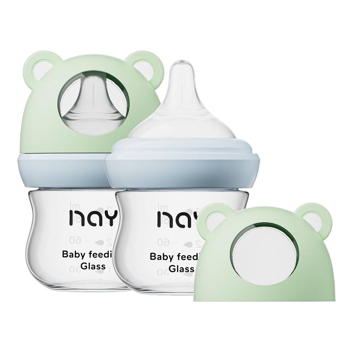 yanyoyo Natural Glass Baby Bottle for Breastfeeding Babies, 5.4oz Anti-Colic Baby Bottle with Natural Response Nipple(S), Clear, Wide Neck, 2 Pack, 1 Months+