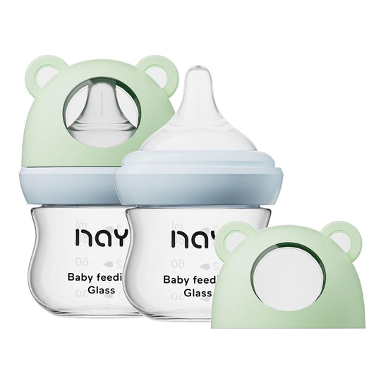 yanyoyo Natural Glass Baby Bottle for Breastfeeding Babies, 5.4oz Anti-Colic Baby Bottle with Natural Response Nipple(S), Clear, Wide Neck, 2 Pack, 1 Months+