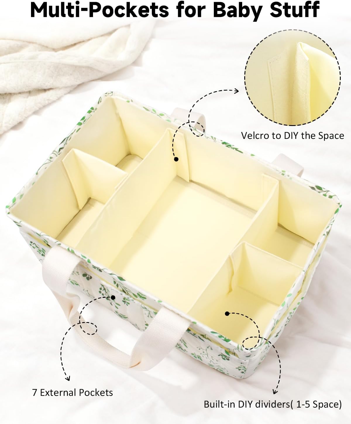 BuyCard Floral Baby Diaper Caddy Organizer, Large Quilted Nursery Storage Basket with Handle, Gift for Baby Shower, Newborn Parents Gift