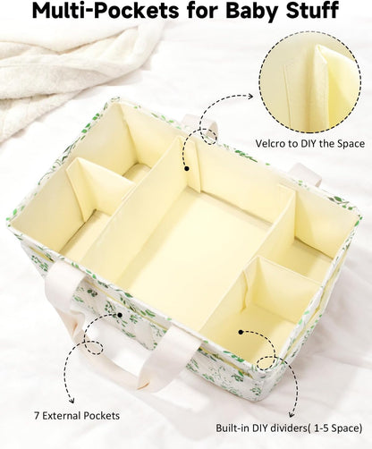BuyCard Floral Baby Diaper Caddy Organizer, Large Quilted Nursery Storage Basket with Handle, Gift for Baby Shower, Newborn Parents Gift
