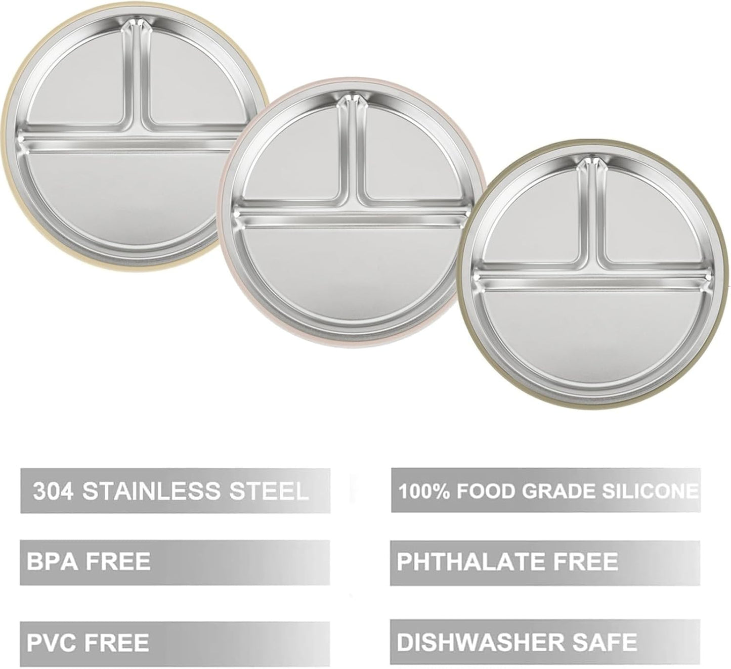 PandaEar 3 Pack Stainless Steel Baby Suction Plates, Divided Toddler Plate for Baby Led Weaning Supplies, Non-Slip Toddler Baby Feeding Set Dishwasher Safe (Pink/Linen/Light Pink)
