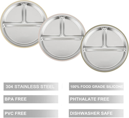 PandaEar 3 Pack Stainless Steel Baby Suction Plates, Divided Toddler Plate for Baby Led Weaning Supplies, Non-Slip Toddler Baby Feeding Set Dishwasher Safe (Pink/Linen/Light Pink)